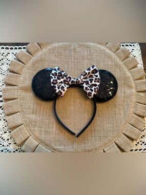 Disney Black Sequin Mouse Ear Headband with Leopard Bow